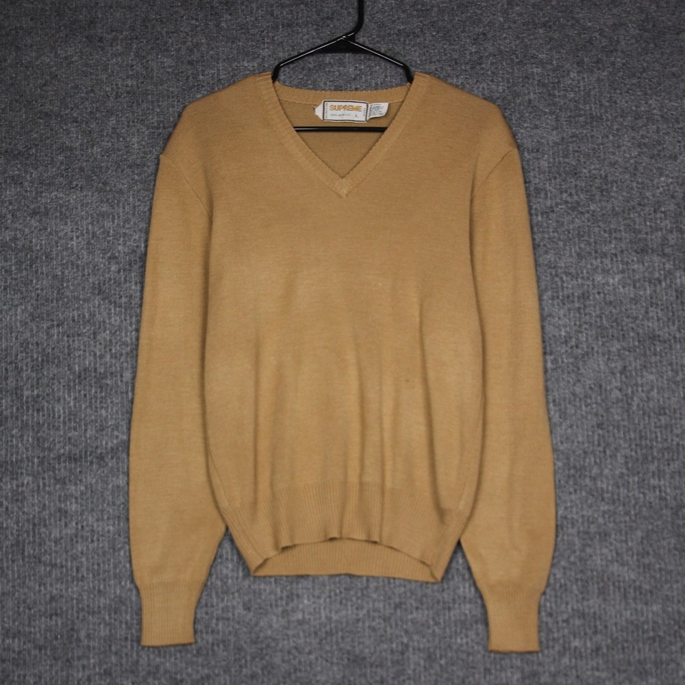 Vintage Supreme Sweater Mens Large V Neck‎ Acrylic Knit Tan Long Sleeve